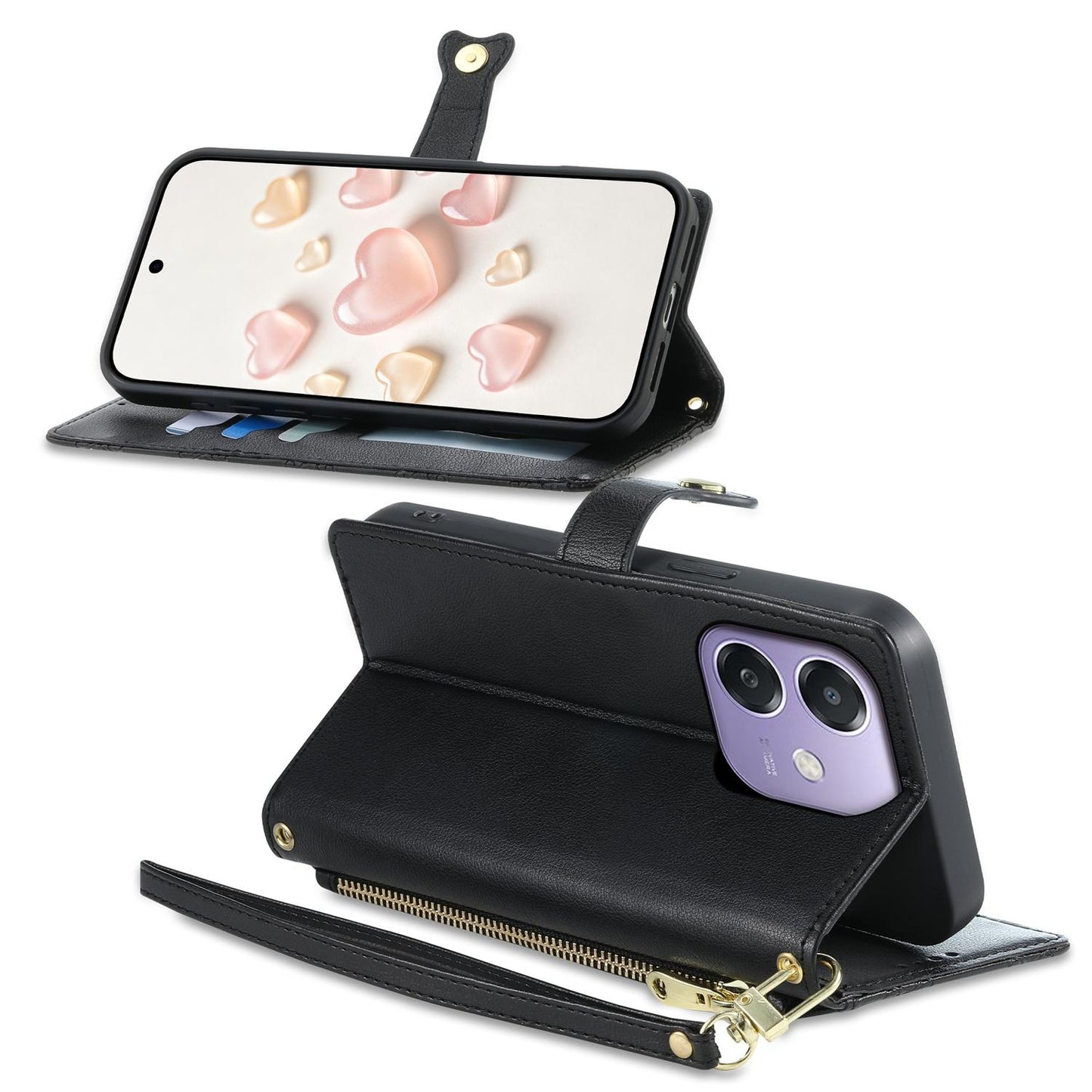 For OPPO A3 / A3x / A5x / A60 5G Zipper Wallet Heart Buckle Vegan Leather Phone Case with Wrist Strap(Black)