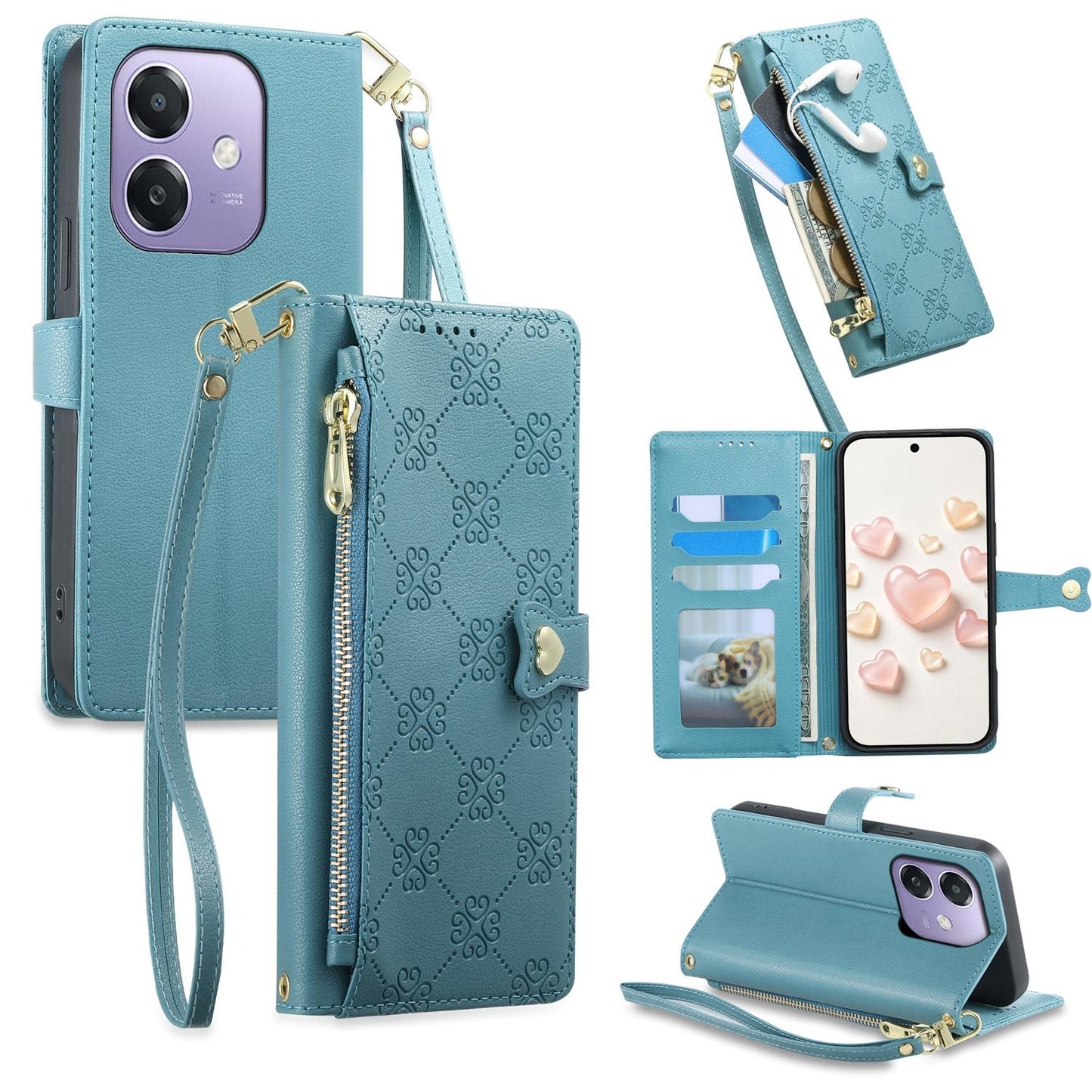 For OPPO A3 / A3x / A5x / A60 5G Zipper Wallet Heart Buckle Vegan Leather Phone Case with Wrist Strap(Lake Blue)