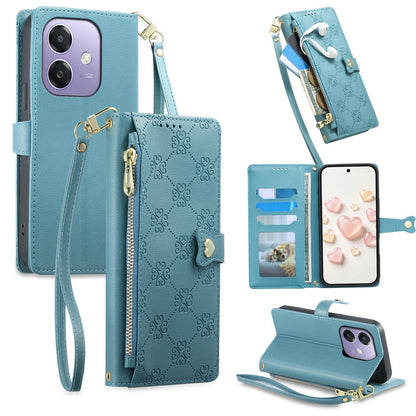 For OPPO A3 / A3x / A5x / A60 5G Zipper Wallet Heart Buckle Vegan Leather Phone Case with Wrist Strap(Lake Blue)