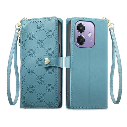 For OPPO A3 / A3x / A5x / A60 5G Zipper Wallet Heart Buckle Vegan Leather Phone Case with Wrist Strap(Lake Blue)