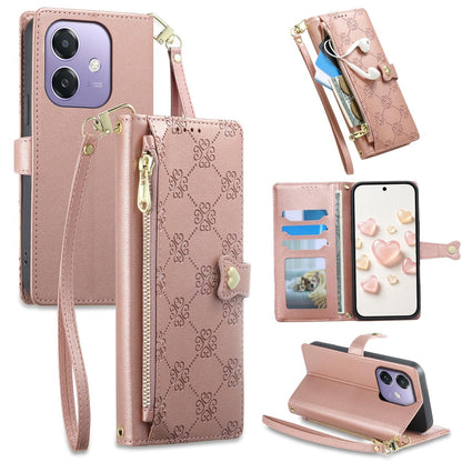 For OPPO A3 / A3x / A5x / A60 5G Zipper Wallet Heart Buckle Vegan Leather Phone Case with Wrist Strap(Pink)