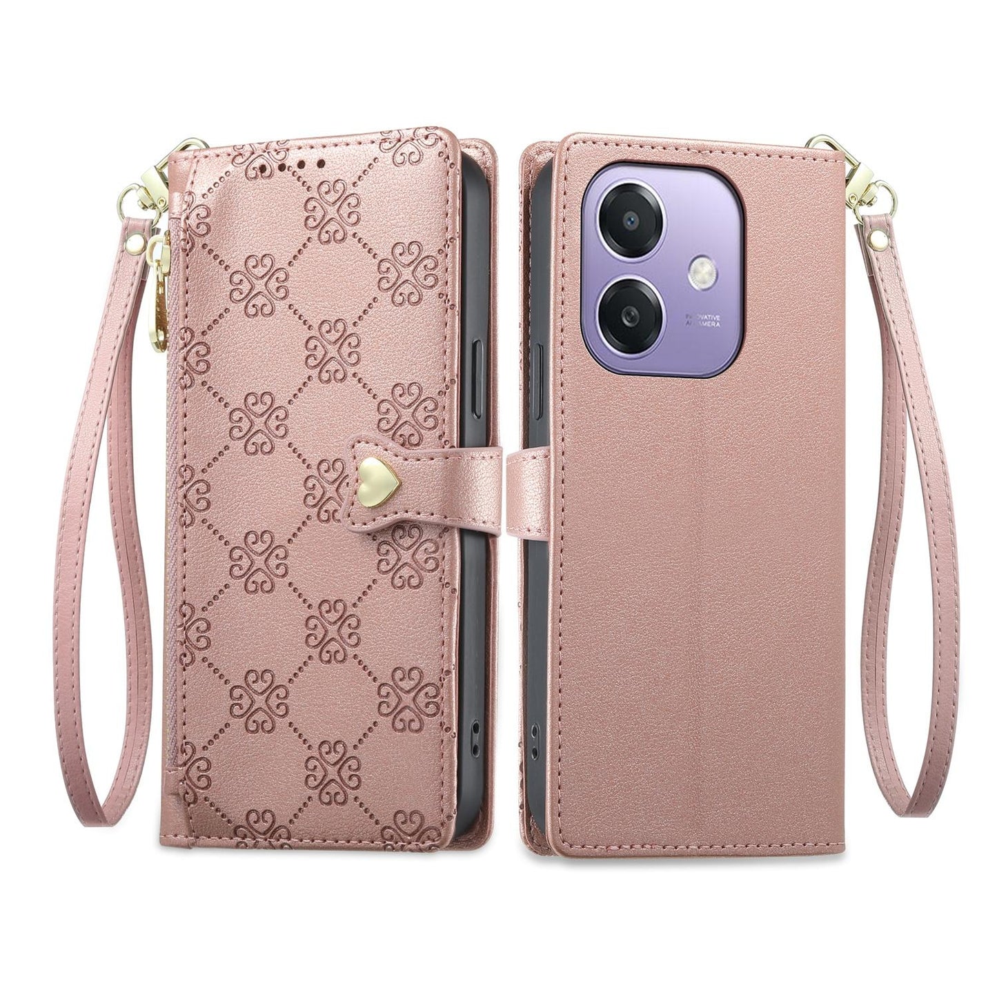 For OPPO A3 / A3x / A5x / A60 5G Zipper Wallet Heart Buckle Vegan Leather Phone Case with Wrist Strap(Pink)