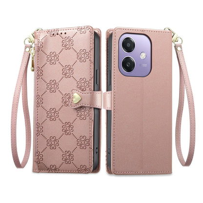 For OPPO A3 / A3x / A5x / A60 5G Zipper Wallet Heart Buckle Vegan Leather Phone Case with Wrist Strap(Pink)