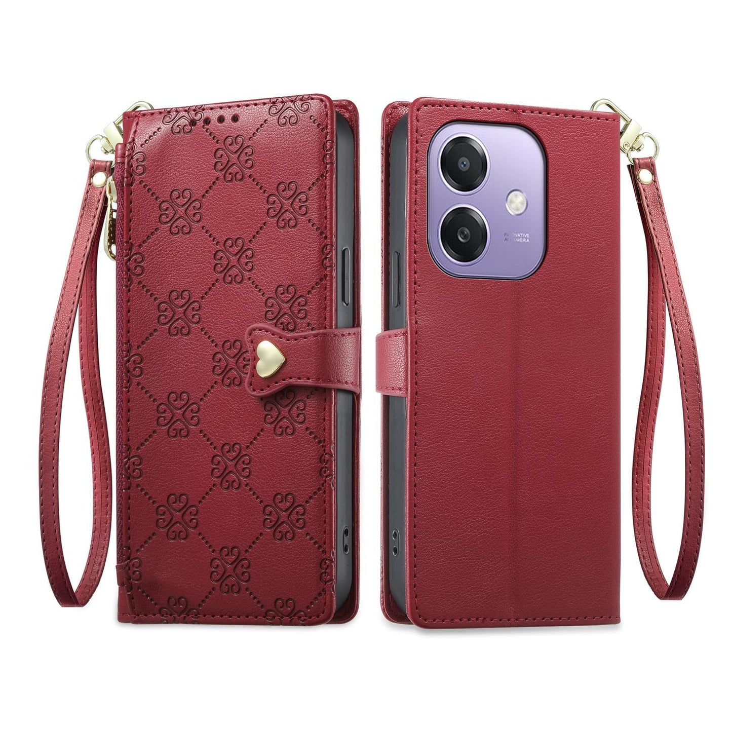 For OPPO A3 / A3x / A5x / A60 5G Zipper Wallet Heart Buckle Vegan Leather Phone Case with Wrist Strap(Red)