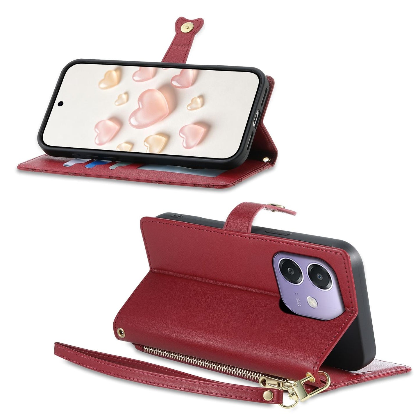 For OPPO A3 / A3x / A5x / A60 5G Zipper Wallet Heart Buckle Vegan Leather Phone Case with Wrist Strap(Red)