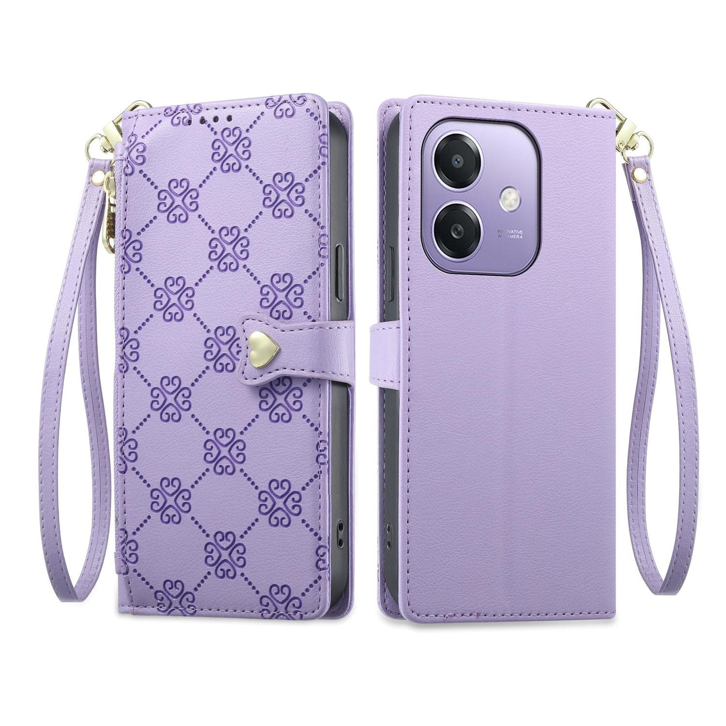 For OPPO A3 / A3x / A5x / A60 5G Zipper Wallet Heart Buckle Vegan Leather Phone Case with Wrist Strap(Purple)