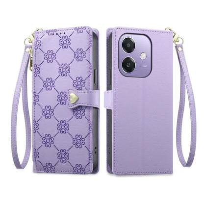 For OPPO A3 / A3x / A5x / A60 5G Zipper Wallet Heart Buckle Vegan Leather Phone Case with Wrist Strap(Purple)