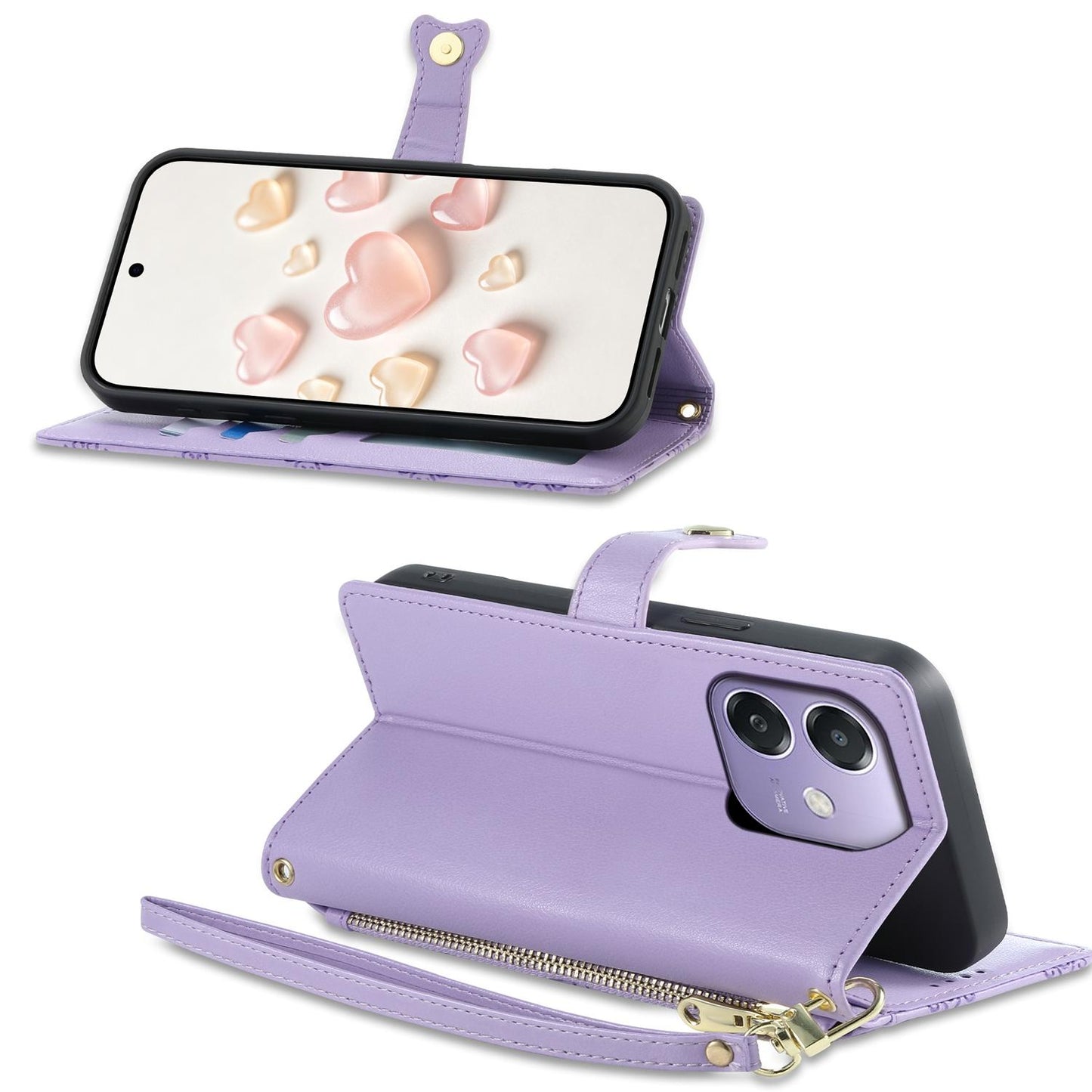 For OPPO A3 / A3x / A5x / A60 5G Zipper Wallet Heart Buckle Vegan Leather Phone Case with Wrist Strap(Purple)