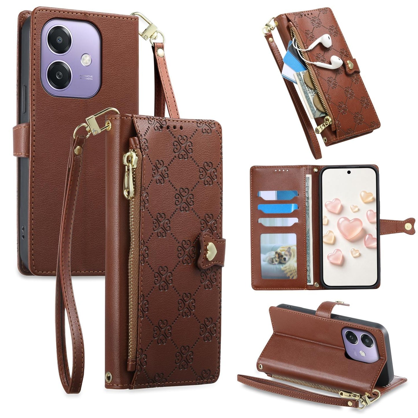 For OPPO A3 / A3x / A5x / A60 5G Zipper Wallet Heart Buckle Vegan Leather Phone Case with Wrist Strap(Brown)