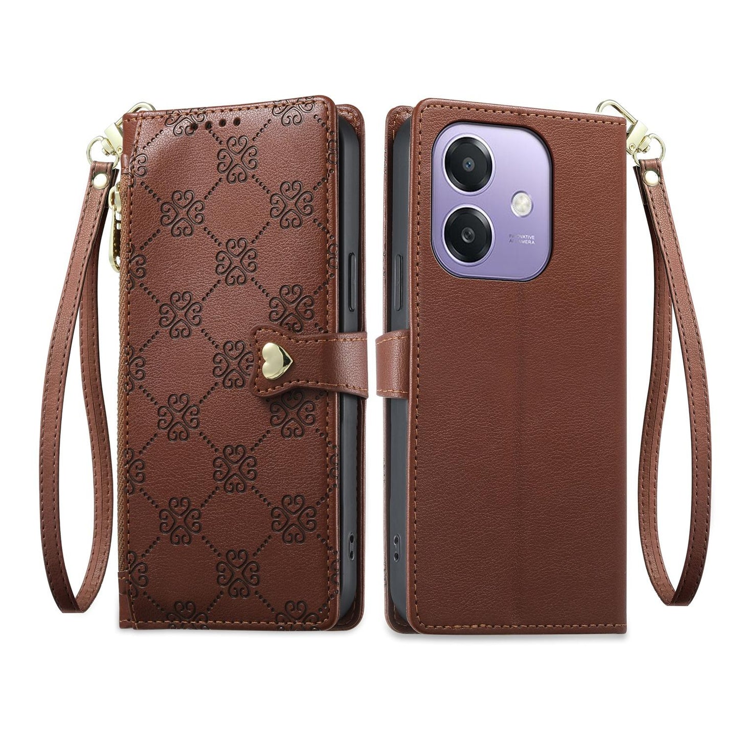 For OPPO A3 / A3x / A5x / A60 5G Zipper Wallet Heart Buckle Vegan Leather Phone Case with Wrist Strap(Brown)