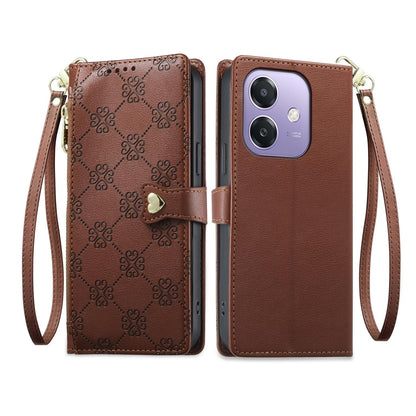 For OPPO A3 / A3x / A5x / A60 5G Zipper Wallet Heart Buckle Vegan Leather Phone Case with Wrist Strap(Brown)