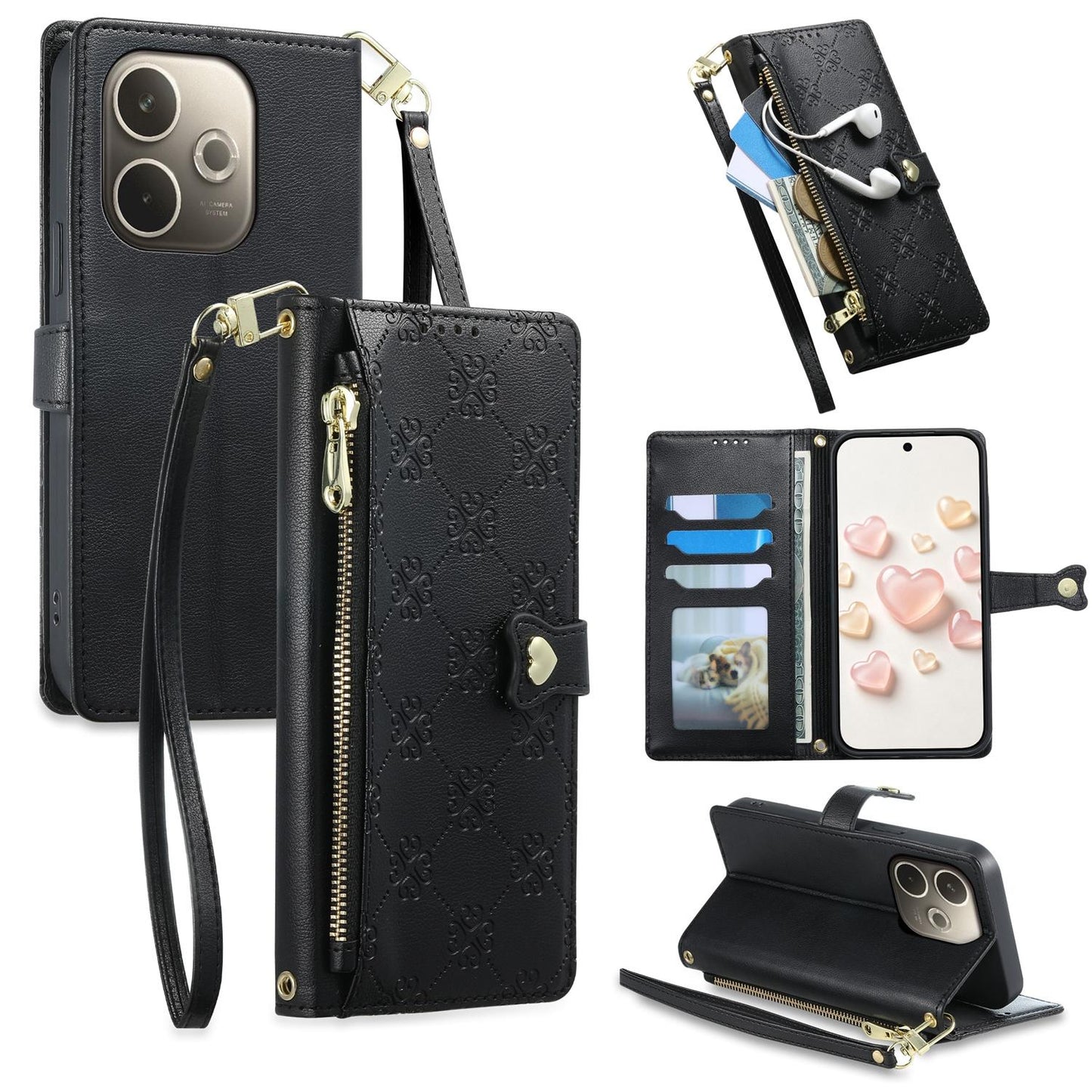 For OPPO A5 Pro 4G / 5G Zipper Wallet Heart Buckle Vegan Leather Phone Case with Wrist Strap(Black)