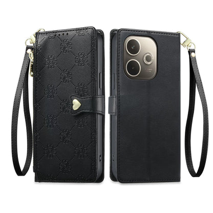 For OPPO A5 Pro 4G / 5G Zipper Wallet Heart Buckle Vegan Leather Phone Case with Wrist Strap(Black)