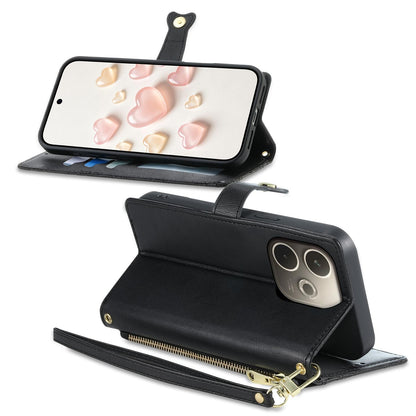 For OPPO A5 Pro 4G / 5G Zipper Wallet Heart Buckle Vegan Leather Phone Case with Wrist Strap(Black)