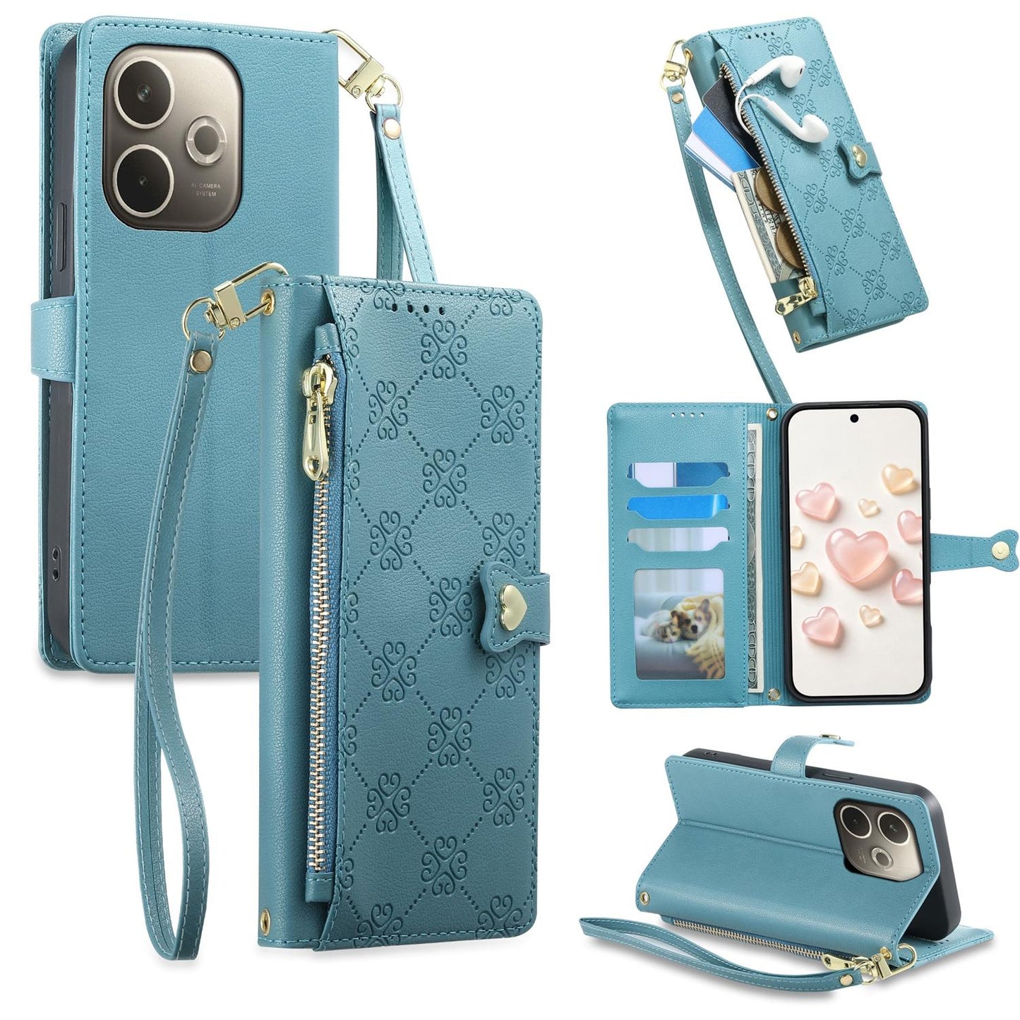 For OPPO A5 Pro 4G / 5G Zipper Wallet Heart Buckle Vegan Leather Phone Case with Wrist Strap(Lake Blue)
