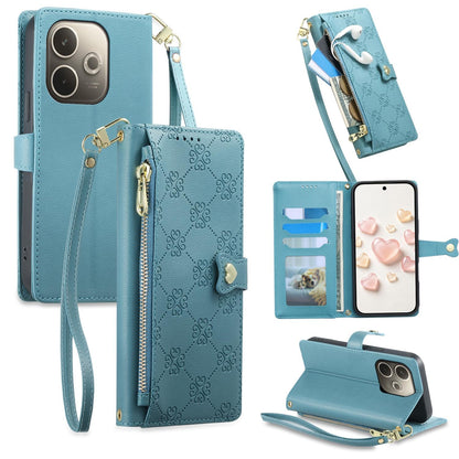 For OPPO A5 Pro 4G / 5G Zipper Wallet Heart Buckle Vegan Leather Phone Case with Wrist Strap(Lake Blue)