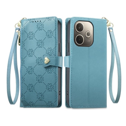 For OPPO A5 Pro 4G / 5G Zipper Wallet Heart Buckle Vegan Leather Phone Case with Wrist Strap(Lake Blue)