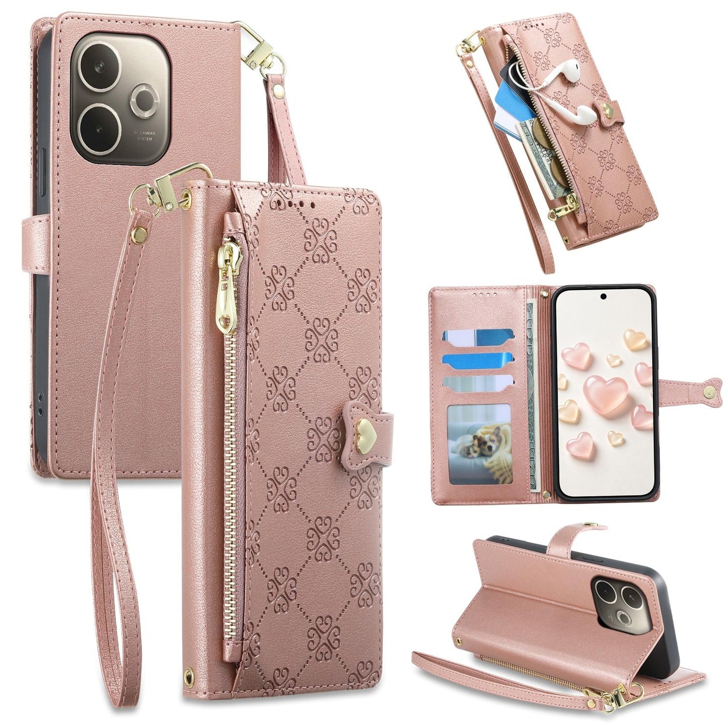 For OPPO A5 Pro 4G / 5G Zipper Wallet Heart Buckle Vegan Leather Phone Case with Wrist Strap(Pink)