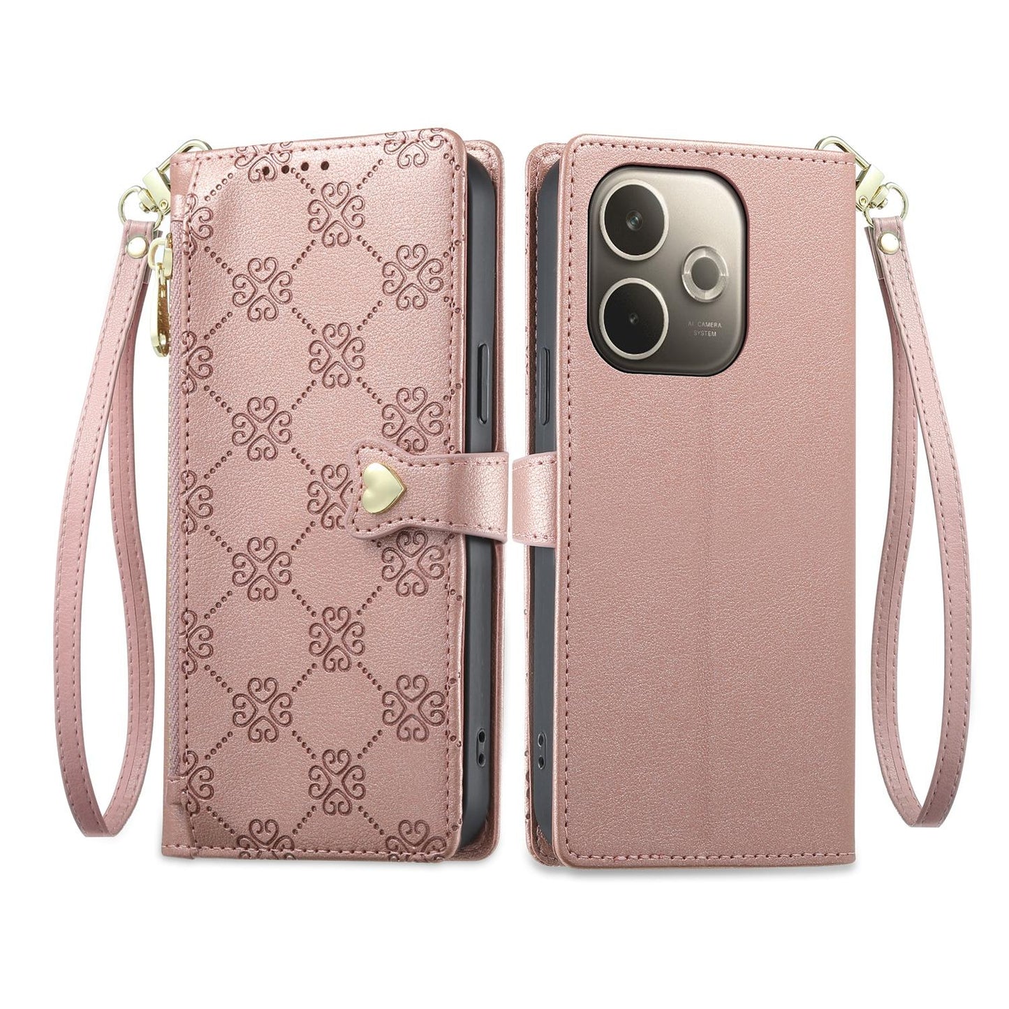 For OPPO A5 Pro 4G / 5G Zipper Wallet Heart Buckle Vegan Leather Phone Case with Wrist Strap(Pink)