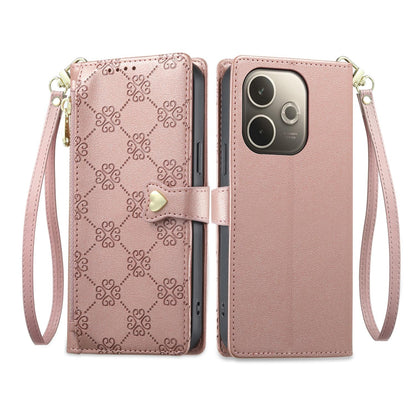 For OPPO A5 Pro 4G / 5G Zipper Wallet Heart Buckle Vegan Leather Phone Case with Wrist Strap(Pink)