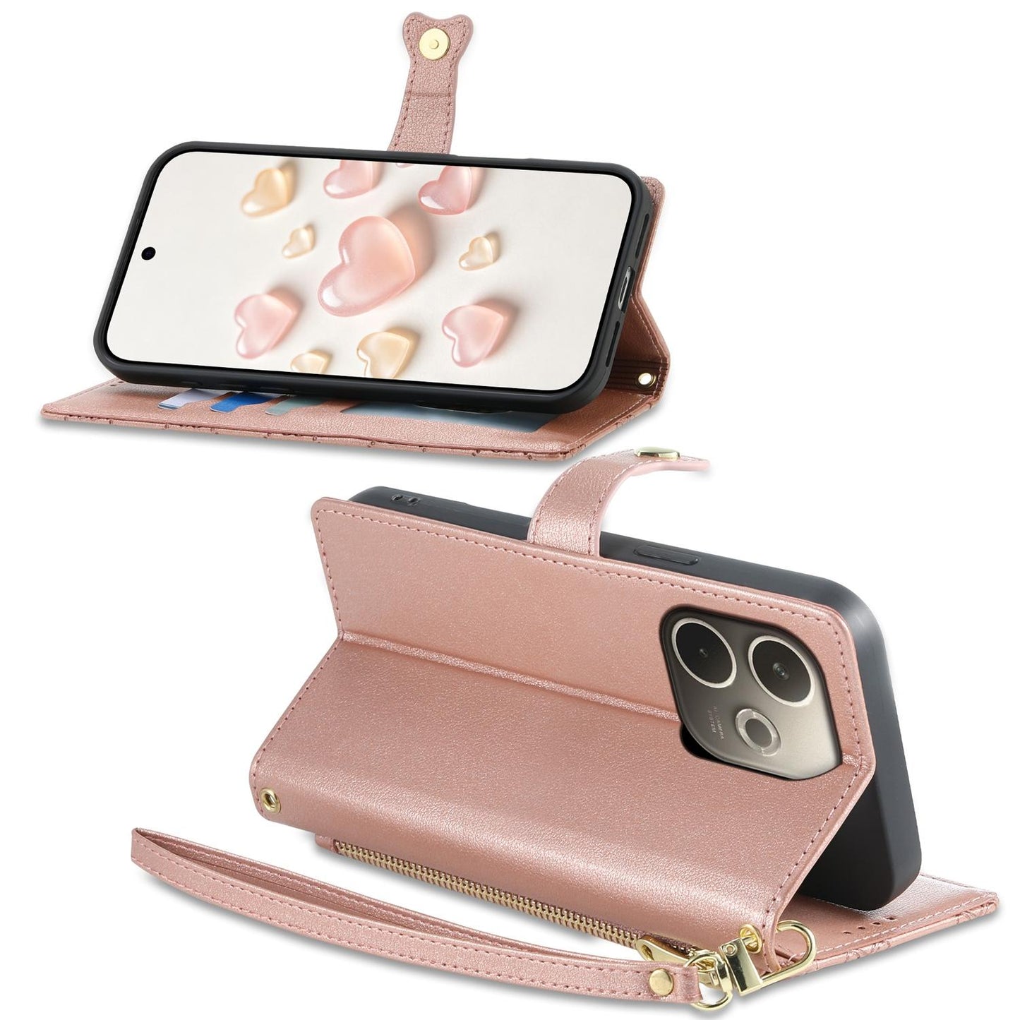 For OPPO A5 Pro 4G / 5G Zipper Wallet Heart Buckle Vegan Leather Phone Case with Wrist Strap(Pink)