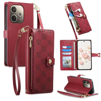 For OPPO A5 Pro 4G / 5G Zipper Wallet Heart Buckle Vegan Leather Phone Case with Wrist Strap(Red)