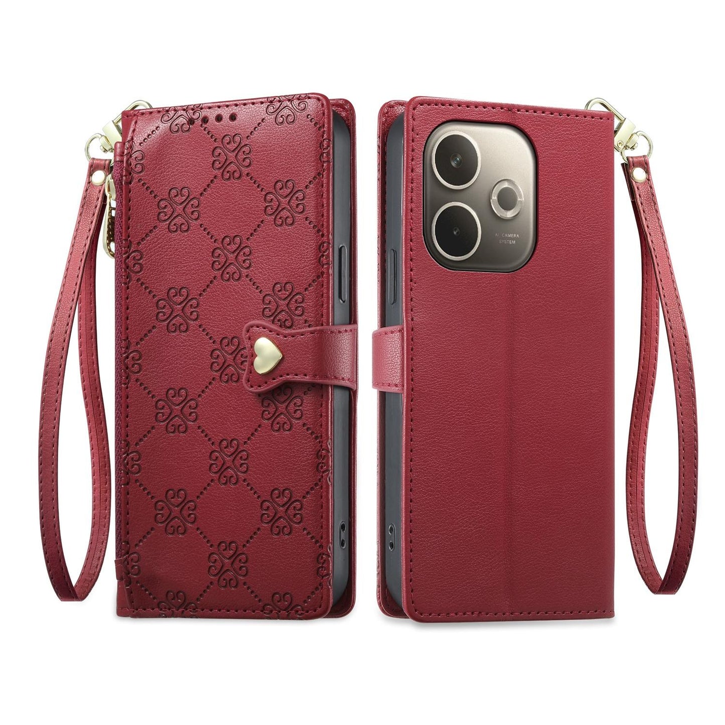 For OPPO A5 Pro 4G / 5G Zipper Wallet Heart Buckle Vegan Leather Phone Case with Wrist Strap(Red)