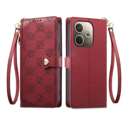 For OPPO A5 Pro 4G / 5G Zipper Wallet Heart Buckle Vegan Leather Phone Case with Wrist Strap(Red)