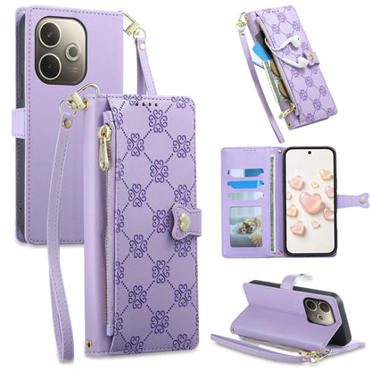For OPPO A5 Pro 4G / 5G Zipper Wallet Heart Buckle Vegan Leather Phone Case with Wrist Strap(Purple)