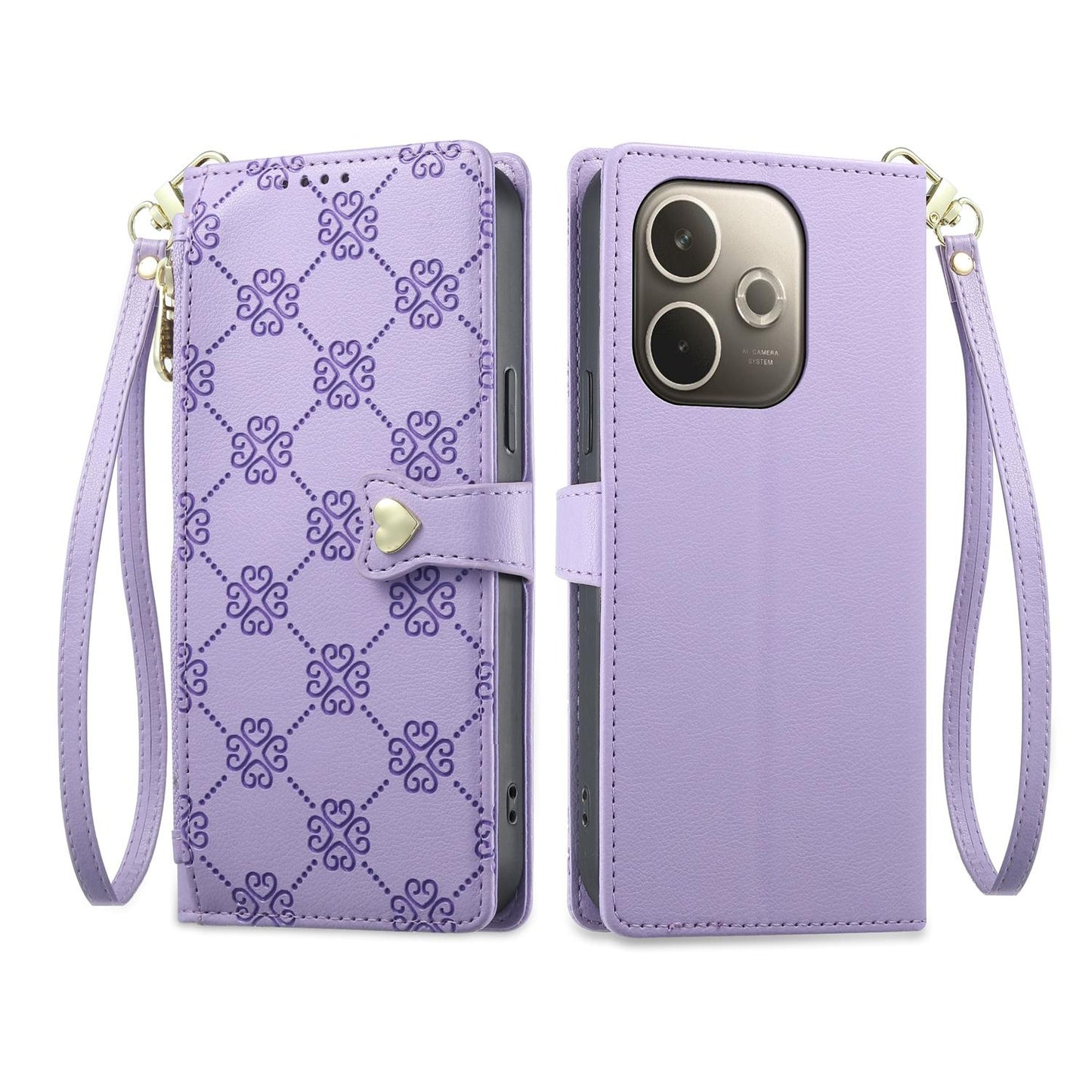 For OPPO A5 Pro 4G / 5G Zipper Wallet Heart Buckle Vegan Leather Phone Case with Wrist Strap(Purple)