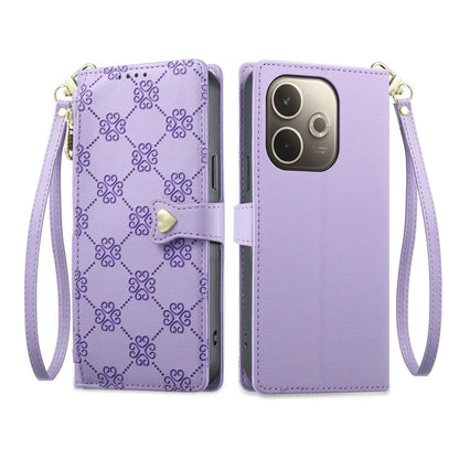 For OPPO A5 Pro 4G / 5G Zipper Wallet Heart Buckle Vegan Leather Phone Case with Wrist Strap(Purple)
