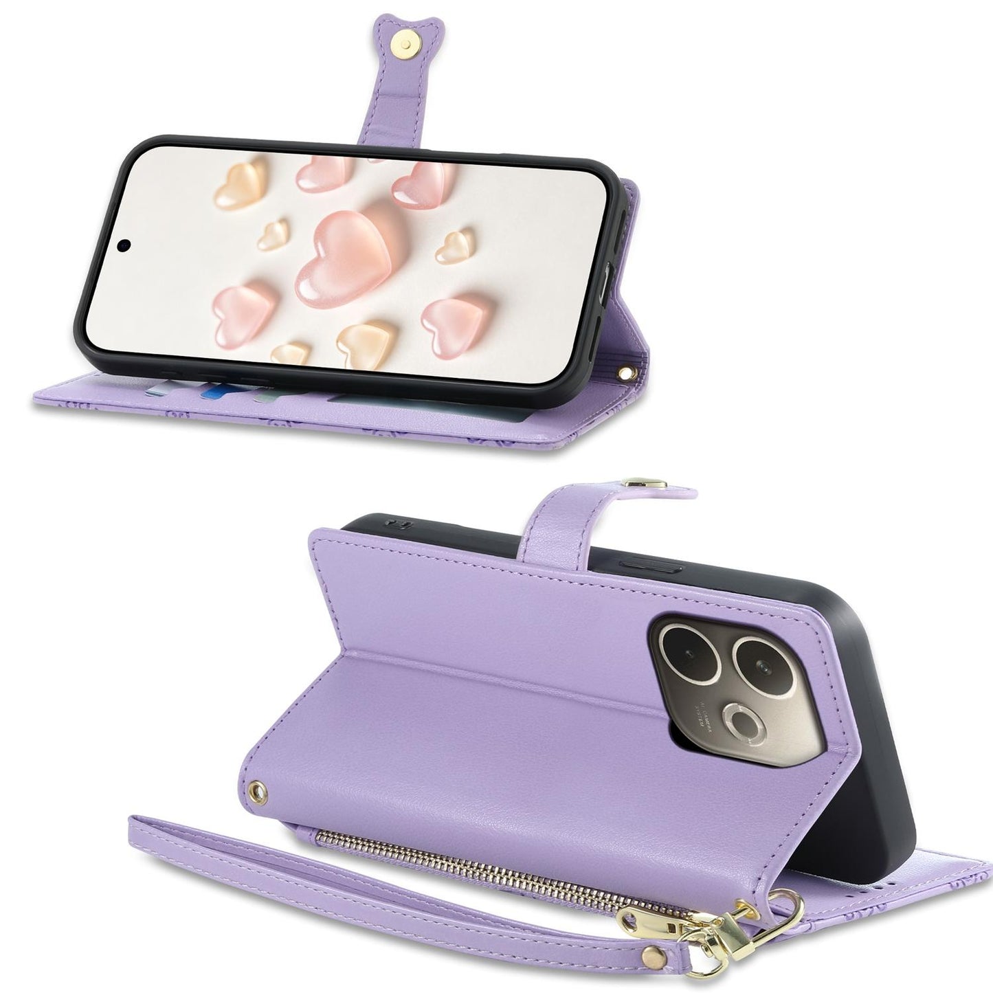 For OPPO A5 Pro 4G / 5G Zipper Wallet Heart Buckle Vegan Leather Phone Case with Wrist Strap(Purple)