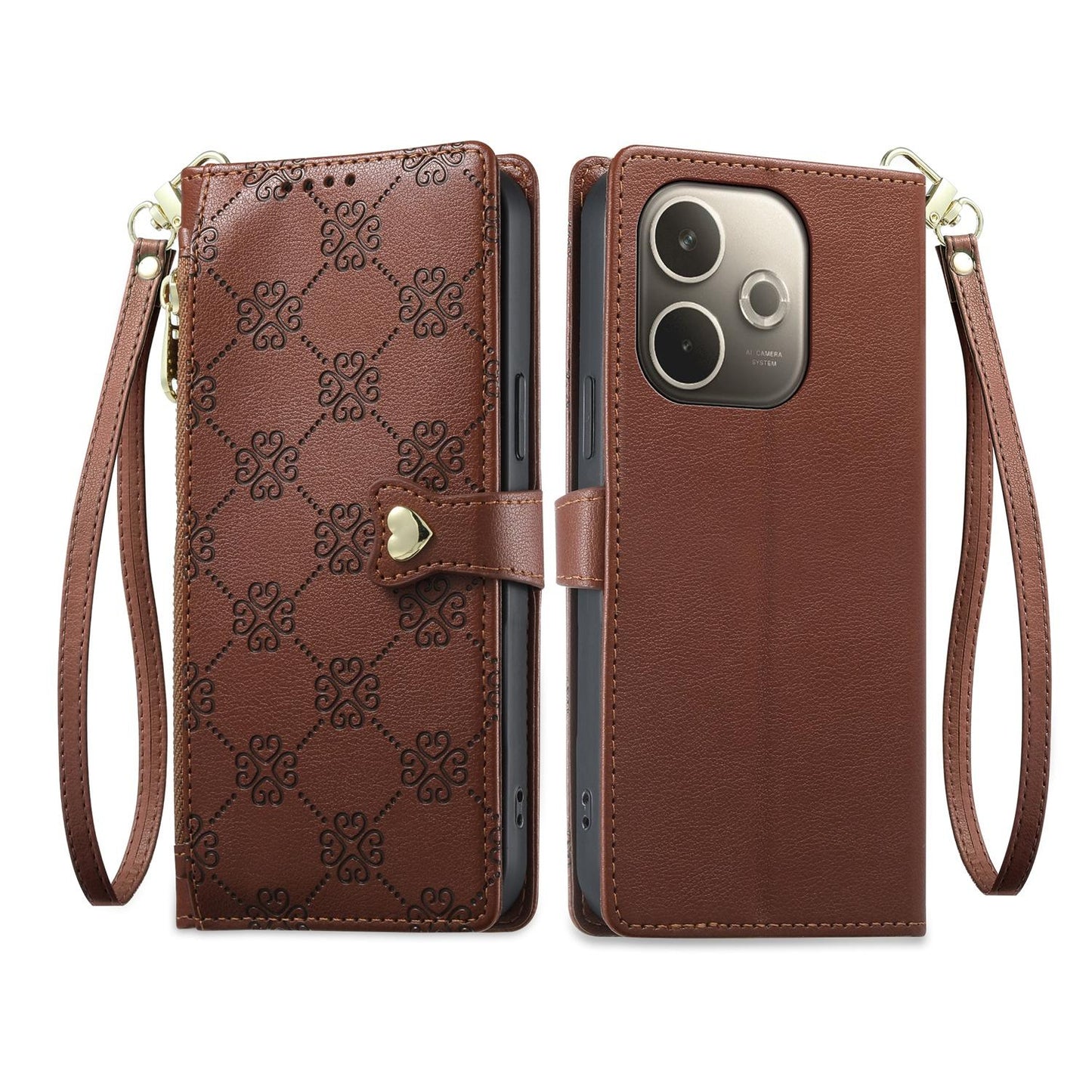 For OPPO A5 Pro 4G / 5G Zipper Wallet Heart Buckle Vegan Leather Phone Case with Wrist Strap(Brown)