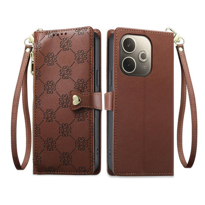 For OPPO A5 Pro 4G / 5G Zipper Wallet Heart Buckle Vegan Leather Phone Case with Wrist Strap(Brown)