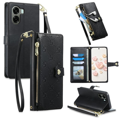 For OPPO A6 5G / OPPO A6x 5G Zipper Wallet Heart Buckle Vegan Leather Phone Case with Wrist Strap(Black)
