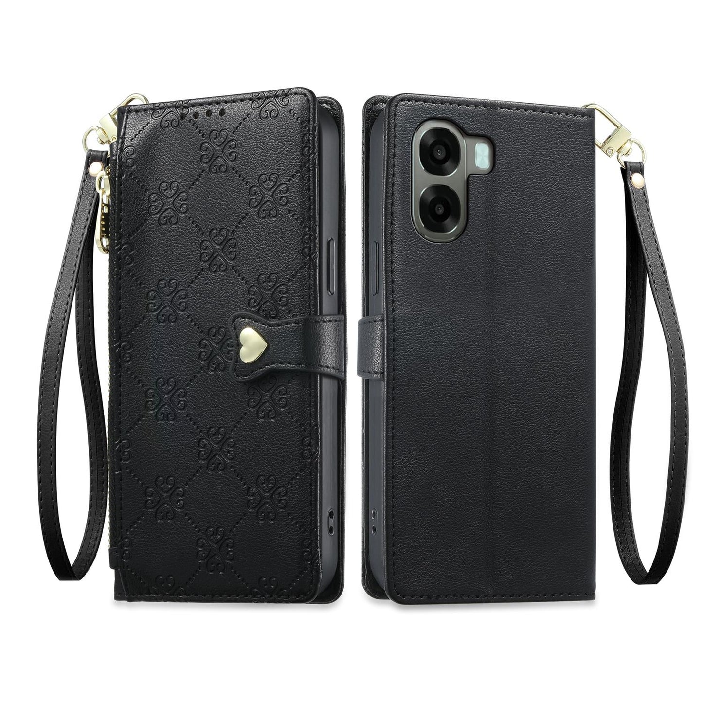 For OPPO A6 5G / OPPO A6x 5G Zipper Wallet Heart Buckle Vegan Leather Phone Case with Wrist Strap(Black)