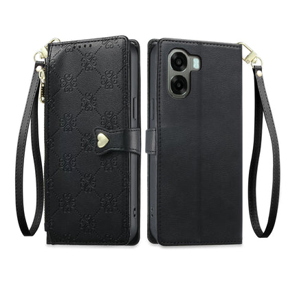 For OPPO A6 5G / OPPO A6x 5G Zipper Wallet Heart Buckle Vegan Leather Phone Case with Wrist Strap(Black)