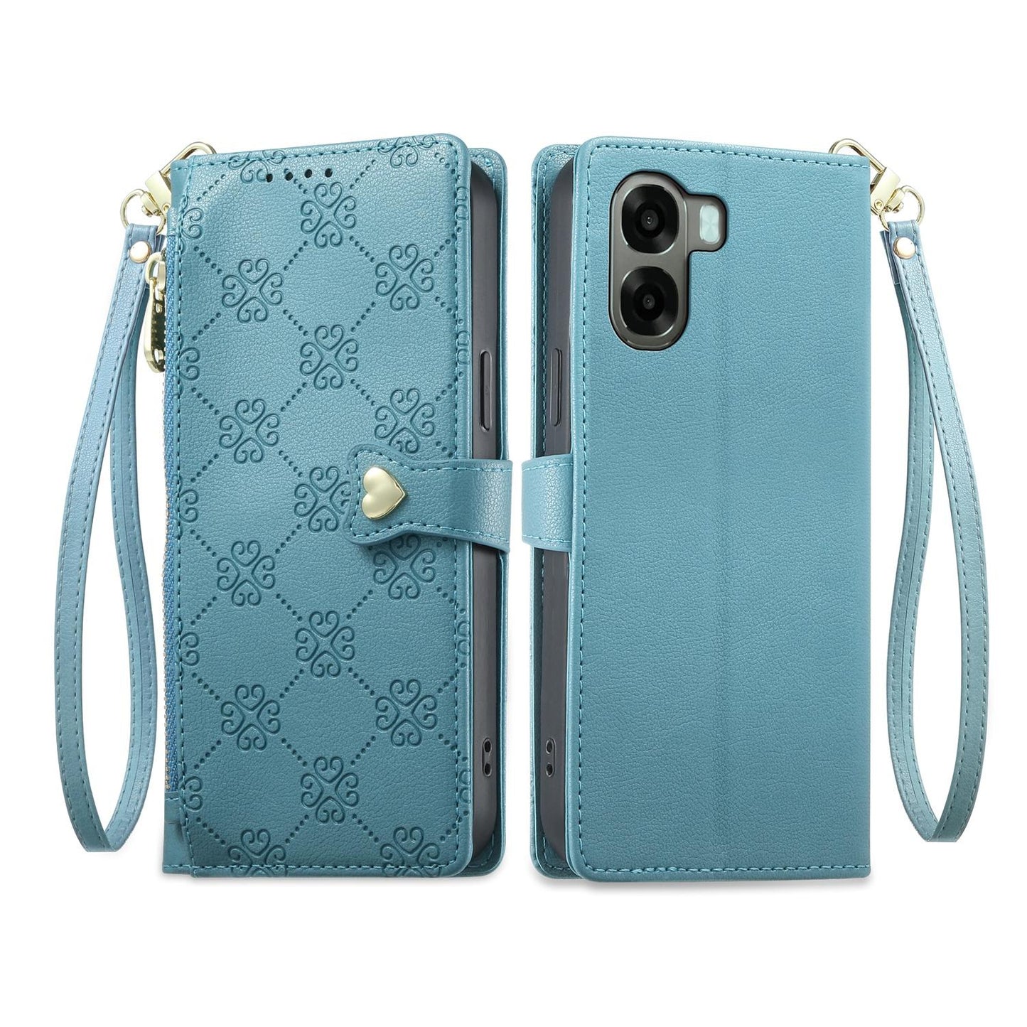 For OPPO A6 5G / OPPO A6x 5G Zipper Wallet Heart Buckle Vegan Leather Phone Case with Wrist Strap(Lake Blue)