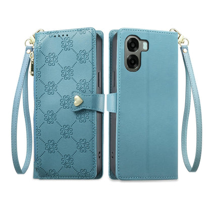 For OPPO A6 5G / OPPO A6x 5G Zipper Wallet Heart Buckle Vegan Leather Phone Case with Wrist Strap(Lake Blue)