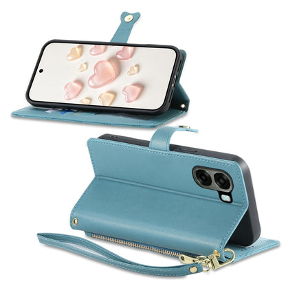 For OPPO A6 5G / OPPO A6x 5G Zipper Wallet Heart Buckle Vegan Leather Phone Case with Wrist Strap(Lake Blue)