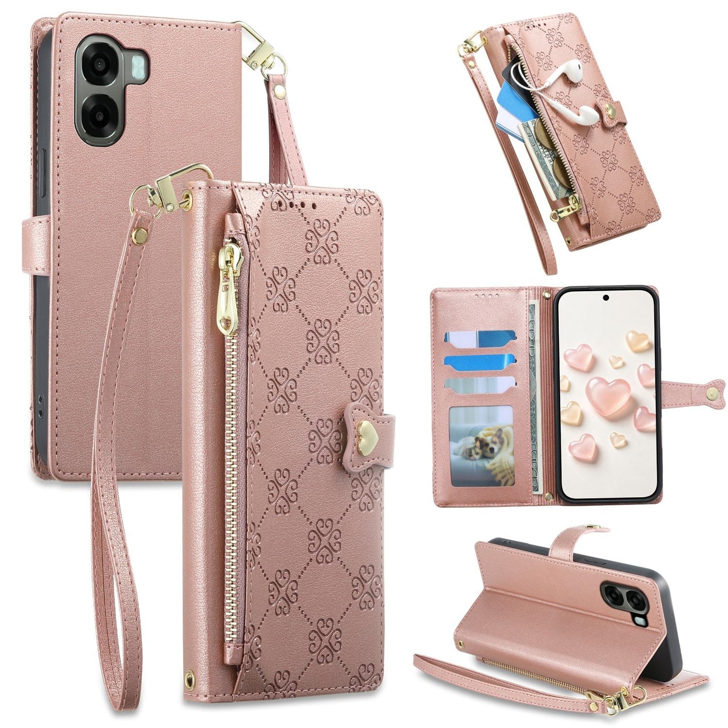 For OPPO A6 5G / OPPO A6x 5G Zipper Wallet Heart Buckle Vegan Leather Phone Case with Wrist Strap(Pink)