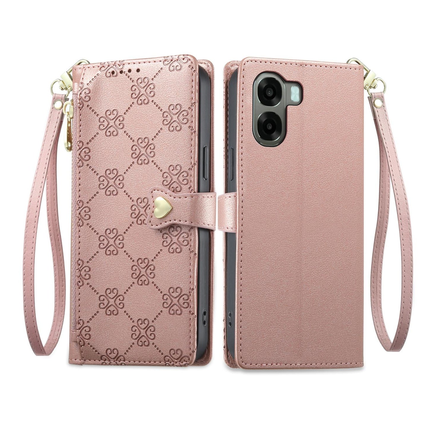 For OPPO A6 5G / OPPO A6x 5G Zipper Wallet Heart Buckle Vegan Leather Phone Case with Wrist Strap(Pink)