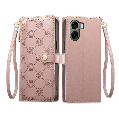 For OPPO A6 5G / OPPO A6x 5G Zipper Wallet Heart Buckle Vegan Leather Phone Case with Wrist Strap(Pink)