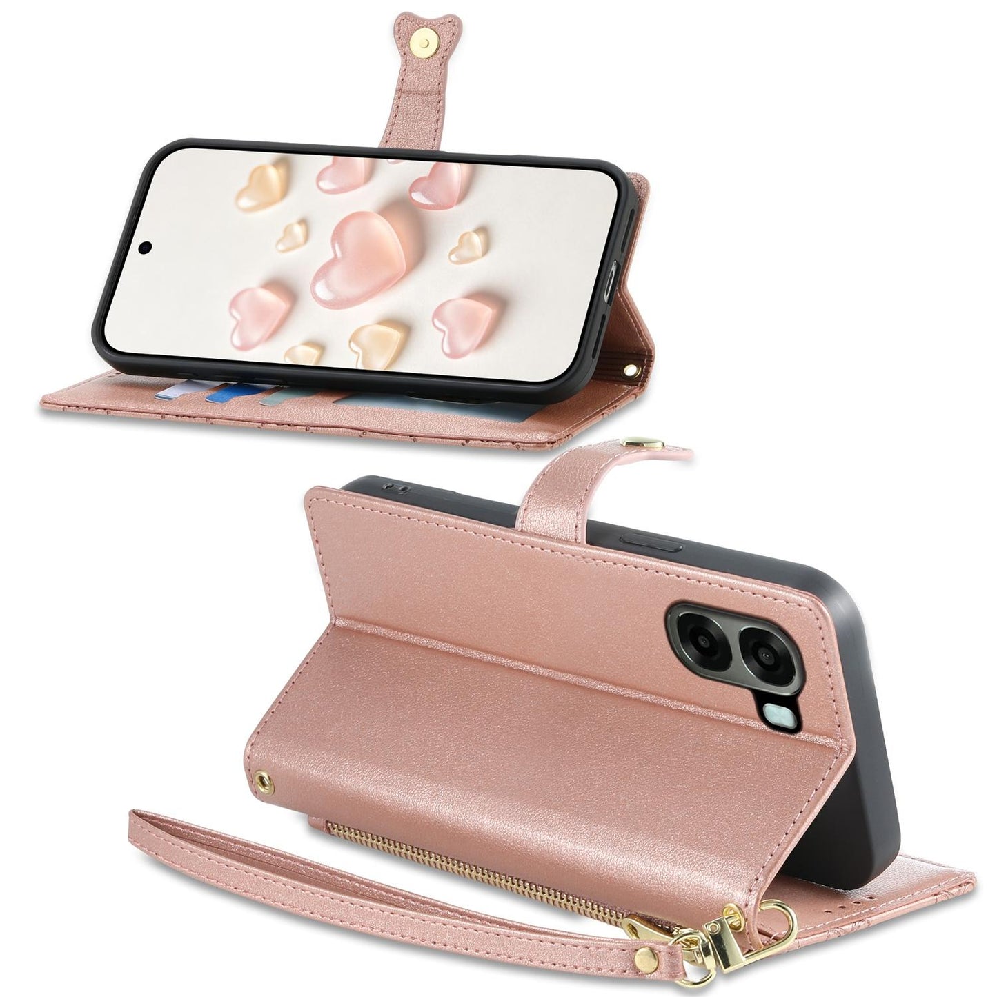 For OPPO A6 5G / OPPO A6x 5G Zipper Wallet Heart Buckle Vegan Leather Phone Case with Wrist Strap(Pink)