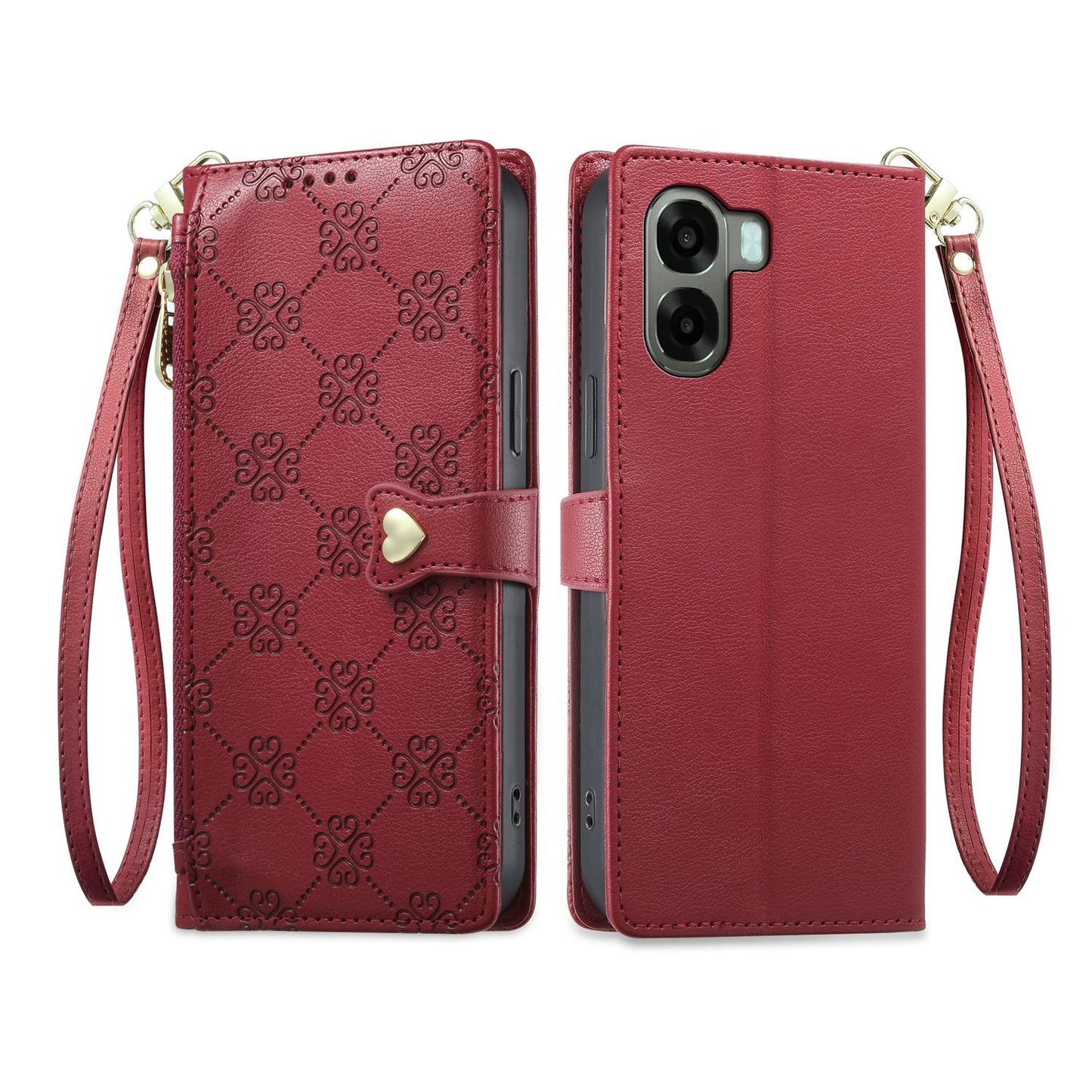 For OPPO A6 5G / OPPO A6x 5G Zipper Wallet Heart Buckle Vegan Leather Phone Case with Wrist Strap(Red)