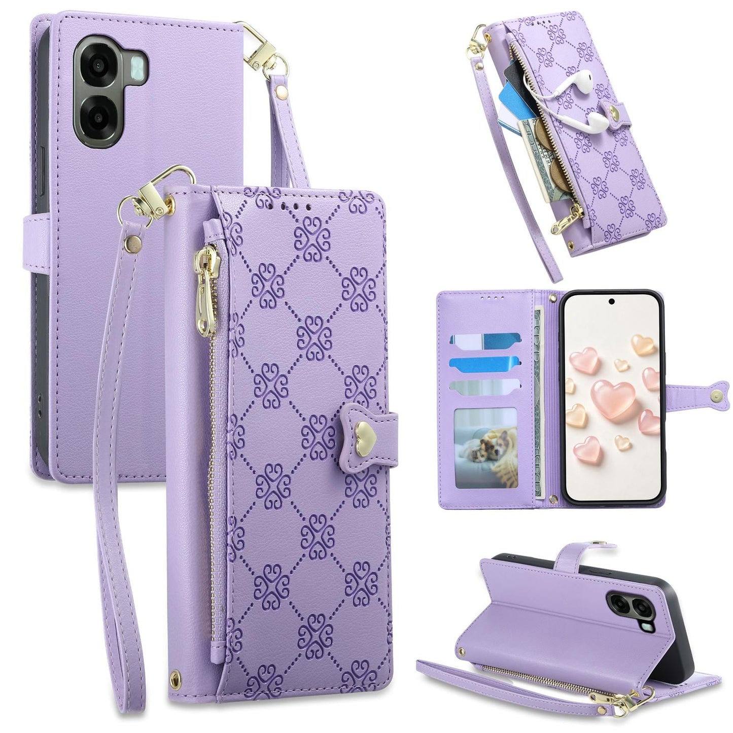 For OPPO A6 5G / OPPO A6x 5G Zipper Wallet Heart Buckle Vegan Leather Phone Case with Wrist Strap(Purple)