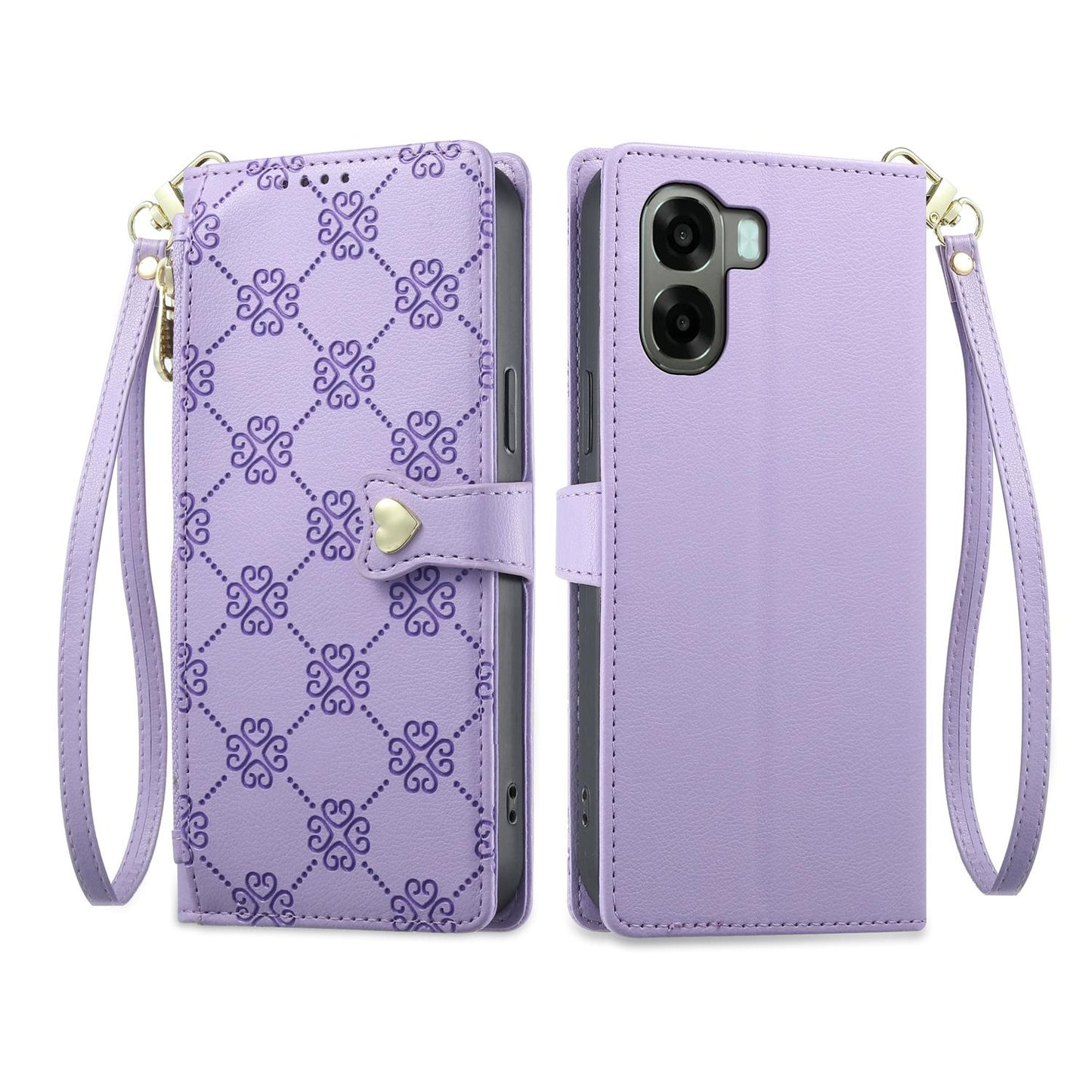 For OPPO A6 5G / OPPO A6x 5G Zipper Wallet Heart Buckle Vegan Leather Phone Case with Wrist Strap(Purple)