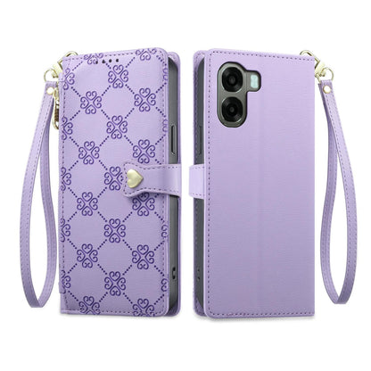 For OPPO A6 5G / OPPO A6x 5G Zipper Wallet Heart Buckle Vegan Leather Phone Case with Wrist Strap(Purple)