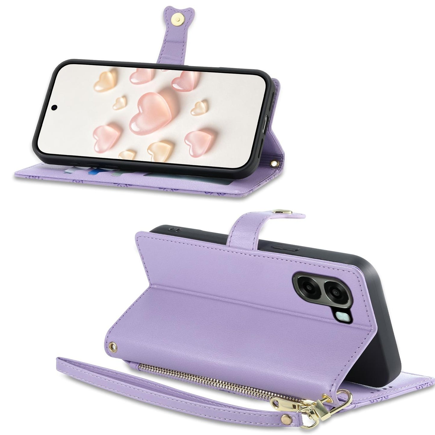 For OPPO A6 5G / OPPO A6x 5G Zipper Wallet Heart Buckle Vegan Leather Phone Case with Wrist Strap(Purple)