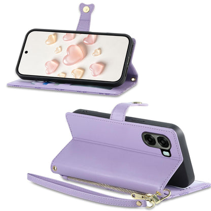 For OPPO A6 5G / OPPO A6x 5G Zipper Wallet Heart Buckle Vegan Leather Phone Case with Wrist Strap(Purple)